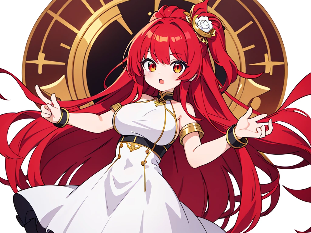 {{{masterpiece}}}, {{{best quality}}}, 1 girl, solo, ruby red hair, long hair, {{{eyes red and gold}}}, red and gold eyes, big breasts, {white background}, {no background}, she is wearing a white frente unica dress