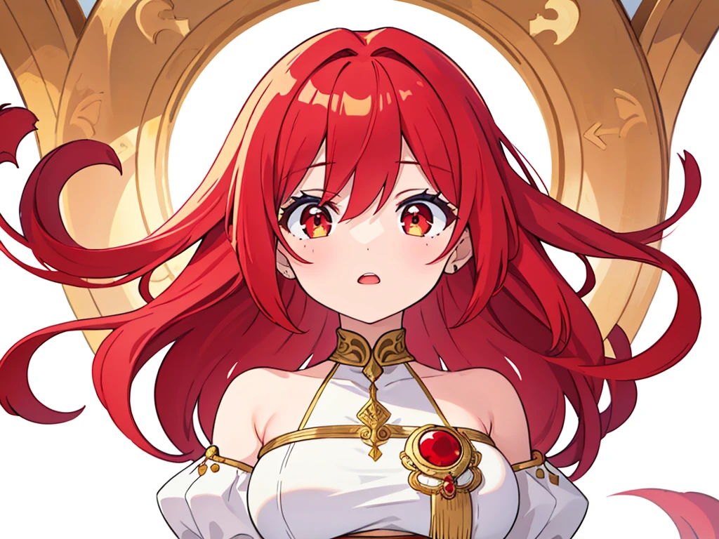{{{masterpiece}}}, {{{best quality}}}, 1 girl, solo, ruby red hair, long hair, {{{eyes red and gold}}}, red and gold eyes, big breasts, {white background}, {no background}, she is wearing a white frente unica dress