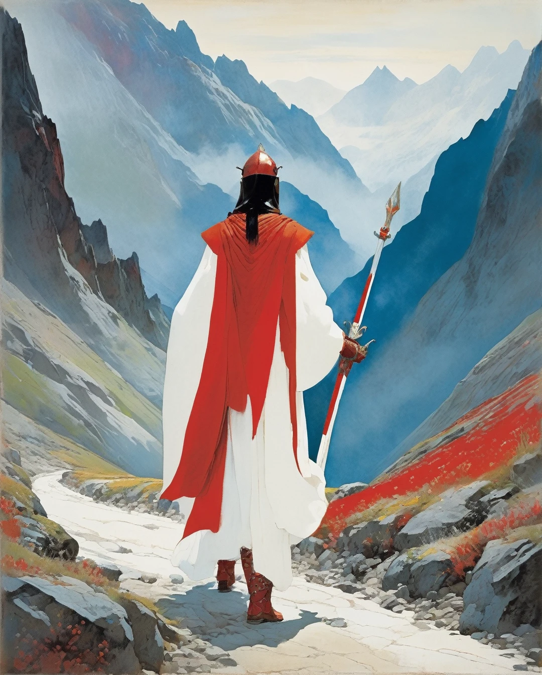 A warrior with flowing white robes and red armor guards a mountain pass., Very colorful,
 Best Improvisation,  ((Norman-Ackroyd style!)), ((perfect full body detail)), magic naive art, primitivism, protogen, crimson
, ((best quality, Masterpiece)), ((Highest detail)), RAW:1,1, 8k