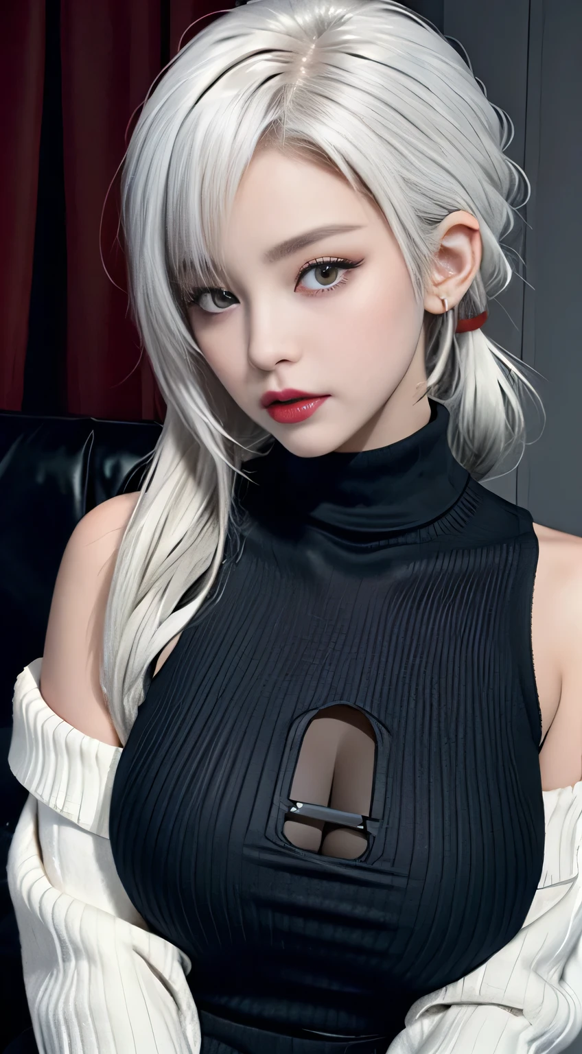 Realism、Blatant、、Wear a black turtleneck sweater,Off-shoulder,Face enhancement,Big breasts zoom,Emphasize cleavage,Super huge ,Looking from the bottom up,White hair,Black Hair,Colorful Hair,short hair,Straight Hair,Long braids(White),Glowing red eyes,Red X pupil,Cold expression,Red lips,Sexy,Sitting on the bed,Sexy、Hold the back of your head with both hands、Wearing a turtleneck sweater,Sweaty face