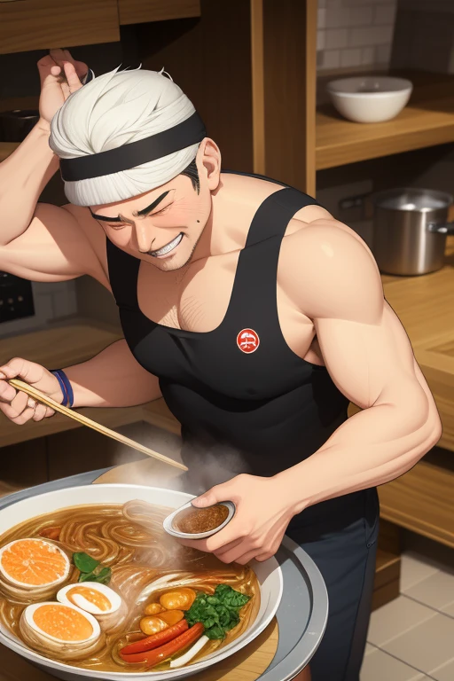 anime style, super fine illustration, highly detailed, dynamic angle, beautiful detailed, 8K, On a summer afternoon in a ramen shop, BREAK a old men ,leader, is cooking ramen deliciously with a smile on his face. BREAK The steaming ramen and the slight sweat on his face show his satisfaction.headband,masterpiece,best quality,super detailed,ass pov