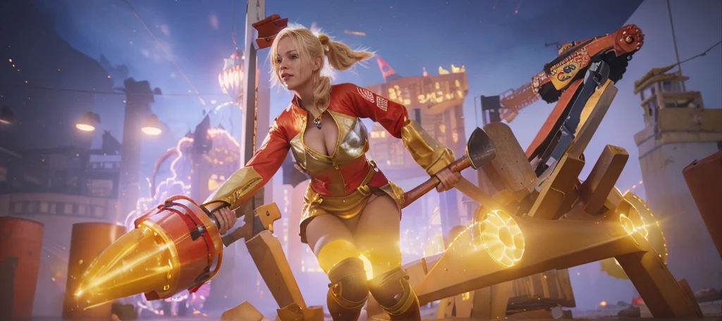  The image is a 3D rendering of a female character with blonde hair, wearing a red and gold outfit, holding a large hammer and surrounded by a bright yellow glow.