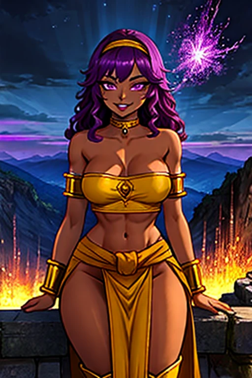 (best quality:1.3), (4K quality),masterpiece, best quality, high res, detailed, (Detailed face:1.2), (Detailed eyes:1.2), (Perfect figure:1.2), Fantasy style, Fantasy environment, solo, 1girl, BREAK 25 year old woman, sorceress, (Dark skin:1.5), purple hair, wavy hair, long hair, purple eyes, mascaras purple eyeshadow, smile, purple lipstick, covered in tattoos, medium breasts, waist, slender legs, attractive body, slim figure, perfect shape, (Wearing: golden headband, purple strapless top, purple loincloth, pelvic curtain, golden armlets, golden knee-high boots:1.3), BREAK highly detailed costume with intricate designs, looking at viewer, she's looking at the camera with an thrilled and confident smile, both hands glowing bright purple, purple magic, bright purple sparks in both hands, expressive expression, dark and mysterious aura, complex eye makeup, mystical energy radiating from her hands, electric purple orbs swirling around her, beautifully contoured face, fierce and confident posture, dark and dramatic lighting, vivid colors, intense purple and magenta color palette, individual spheres spinning at different speeds, translucent orbs emitting purple sparks, tracing of rays throughout the scene, illuminating the woman's silhouette with a mesmerizing glow, breathtaking visual effects, captivating and enchanting portrait, impressive level of detail in the woman's eyes and expression, attention to every intricate detail, BREAK (Night time, ethereal and magical atmosphere, outdoors, dark clouds in the sky, purple lighting, purple and magenta aroura's in the surroundings, gorgeous view of the mountains)
