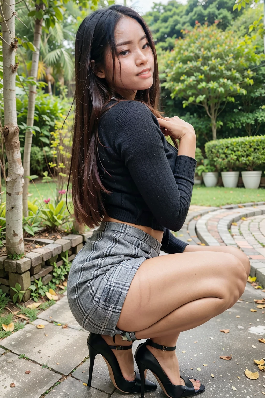 best quality, 8k, full body view, pretty lady MoonLay, highly detailed face and skin texture, ((big booty long hair asian girl)), (long sleeve white black sweater blouse), (black short skirt with white flowers printed pattern), (sexy smile), ((at night club background)), (glossy blue elegant sleek stiletto high heel), (squatting), looking at viewer, back tilted side view, (disco sport light on), sharp focus,*, perfect anatomy, perfect legs, perfect hands, perfect squatting pose,