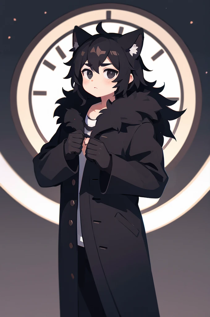 boy, black hair, black eyes, black coat with fur, clock background