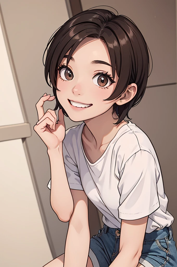 (((masterpiece, best quality, ultra highres, 1 girl, solo, no background))), super detailed skin and face and eyes and finger, beautiful japanese woman, small breasts:1.5, skinny, light brown hair, white background, very short pixie hair, Knee shot, Generate with illustrations, Various expressions, Various poses, Please draw the entire character within the frame, ensuring that the head, arms, and legs are not cut off. The background should be simple, with the character positioned centrally, outline, anime, 2d, boyish, camisole, shorts, smile showing teeth,