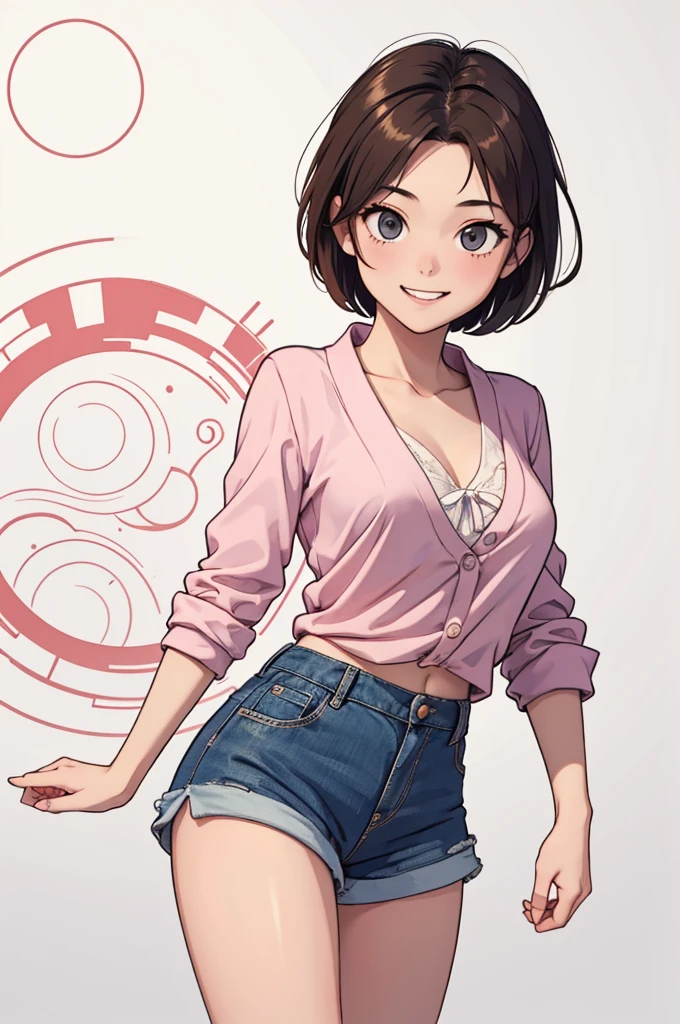 (((masterpiece, best quality, ultra highres, 1 girl, solo, no background))), super detailed skin and face and eyes and finger, beautiful japanese woman, small breasts:1.5, skinny, light brown hair, white background, very short pixie hair, Knee shot, Generate with illustrations, Various expressions, Various poses, Please draw the entire character within the frame, ensuring that the head, arms, and legs are not cut off. The background should be simple, with the character positioned centrally, outline, anime, 2d, boyish, camisole, shorts, smile showing teeth,