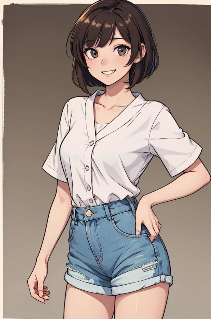 (((masterpiece, best quality, ultra highres, 1 girl, solo, no background))), super detailed skin and face and eyes and finger, beautiful japanese woman, small breasts:1.5, skinny, light brown hair, white background, very short pixie hair, Knee shot, Generate with illustrations, Various expressions, Various poses, Please draw the entire character within the frame, ensuring that the head, arms, and legs are not cut off. The background should be simple, with the character positioned centrally, outline, anime, 2d, boyish, camisole, shorts, smile showing teeth,