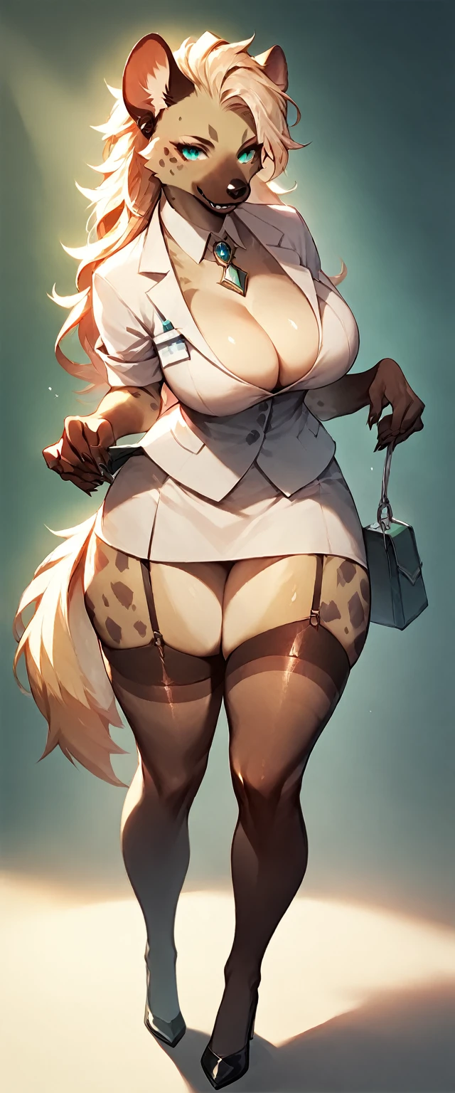 score_9, score_8_up, score_7_up, score_6_up, score_5_up, score_4_up, (solo), female anthro hyena, doctor clothes , skirt, thigh high socks lusty, fluffy body, long blond hair, turquoise eyes, (thick thighs:1.5)((( offering the breasts))) sex partial clothes, (((cleavage))) semi-butonned uniform niform, (barely_visible_booba) (she is standing) , giant breasts, garter belt, high heels