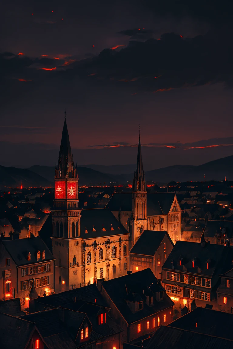 old European village shot with bird view, (Red glowing eyes), masterpiece, Depth of written boundary, Lutz, Gwaites style artwork, Gothic aesthetics, Dark Vampire village, ((in the dark gothic style cathle:1)), ((dark mid-night time:1.5)),