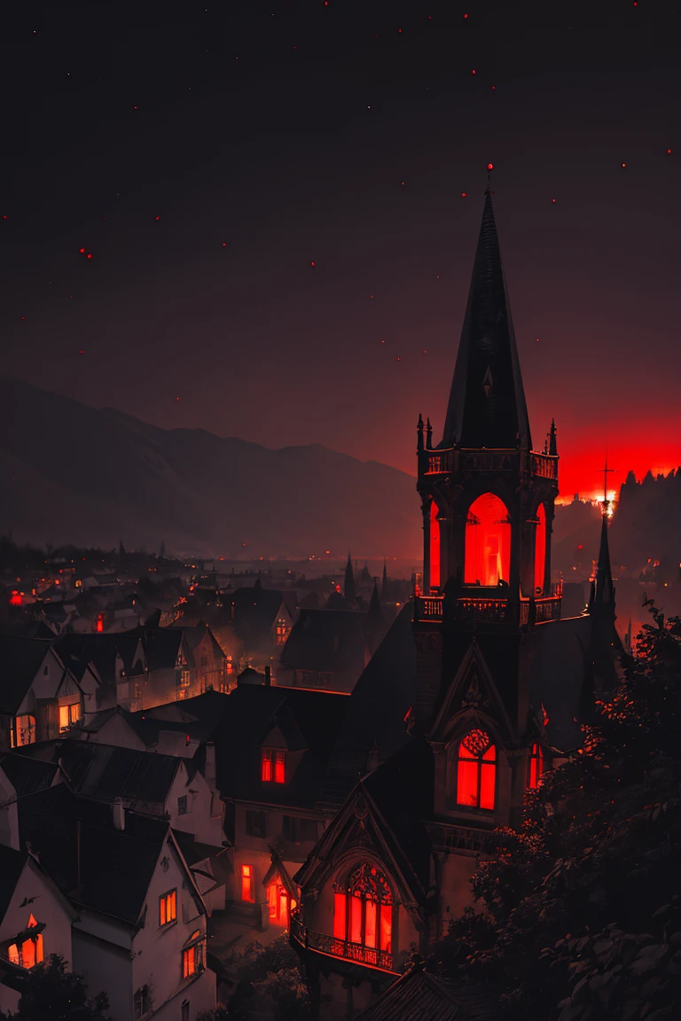 old European village shot with bird view, (Red glowing eyes), masterpiece, Depth of written boundary, Lutz, Gwaites style artwork, Gothic aesthetics, Dark Vampire village, ((in the dark gothic style cathle:1)), ((dark mid-night time:1.5)),