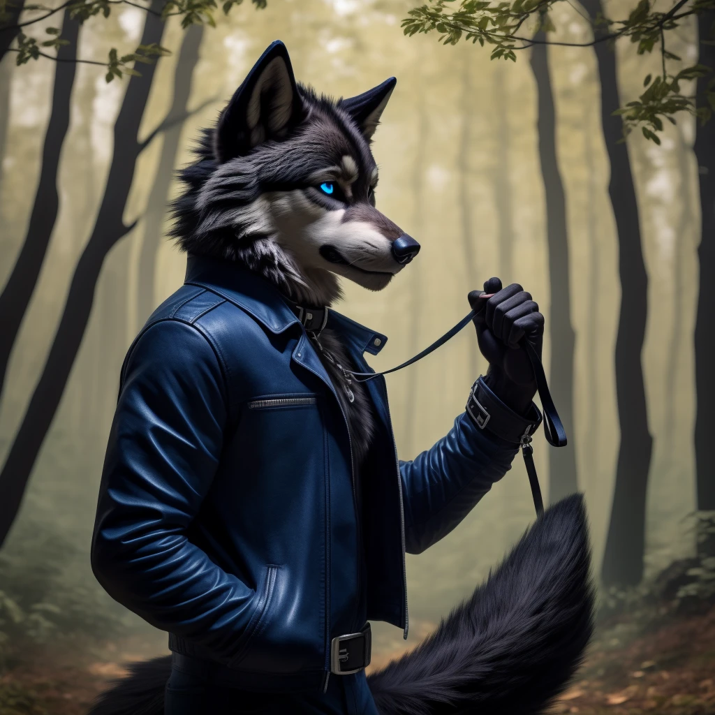 Male, 30 years old, cute, eyeliner, very sad expression, black leather jacket, anthro, wolf ears, (black fur:1.5), wolf, forest background, 8k, hi res, (best quality, masterpiece), (wolf tail:1.5), detailed fur, solo, leash and collar, blue jeans, blue eyes,