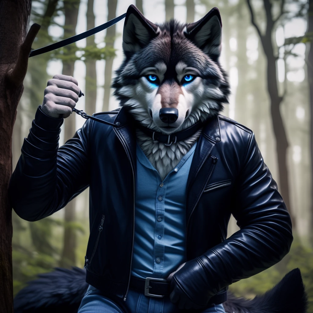Male, 30 years old, cute, eyeliner, very sad expression, black leather jacket, anthro, wolf ears, (black fur:1.5), wolf, forest background, 8k, hi res, (best quality, masterpiece), (wolf tail:1.5), detailed fur, solo, leash and collar, blue jeans, blue eyes,