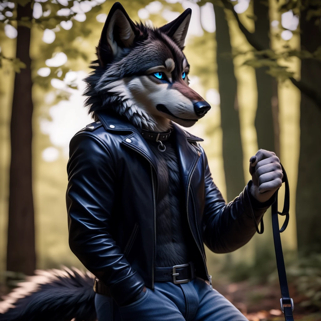 Male, 30 years old, cute, eyeliner, very sad expression, black leather jacket, anthro, wolf ears, (black fur:1.5), wolf, forest background, 8k, hi res, (best quality, masterpiece), (wolf tail:1.5), detailed fur, solo, leash and collar, blue jeans, blue eyes,
