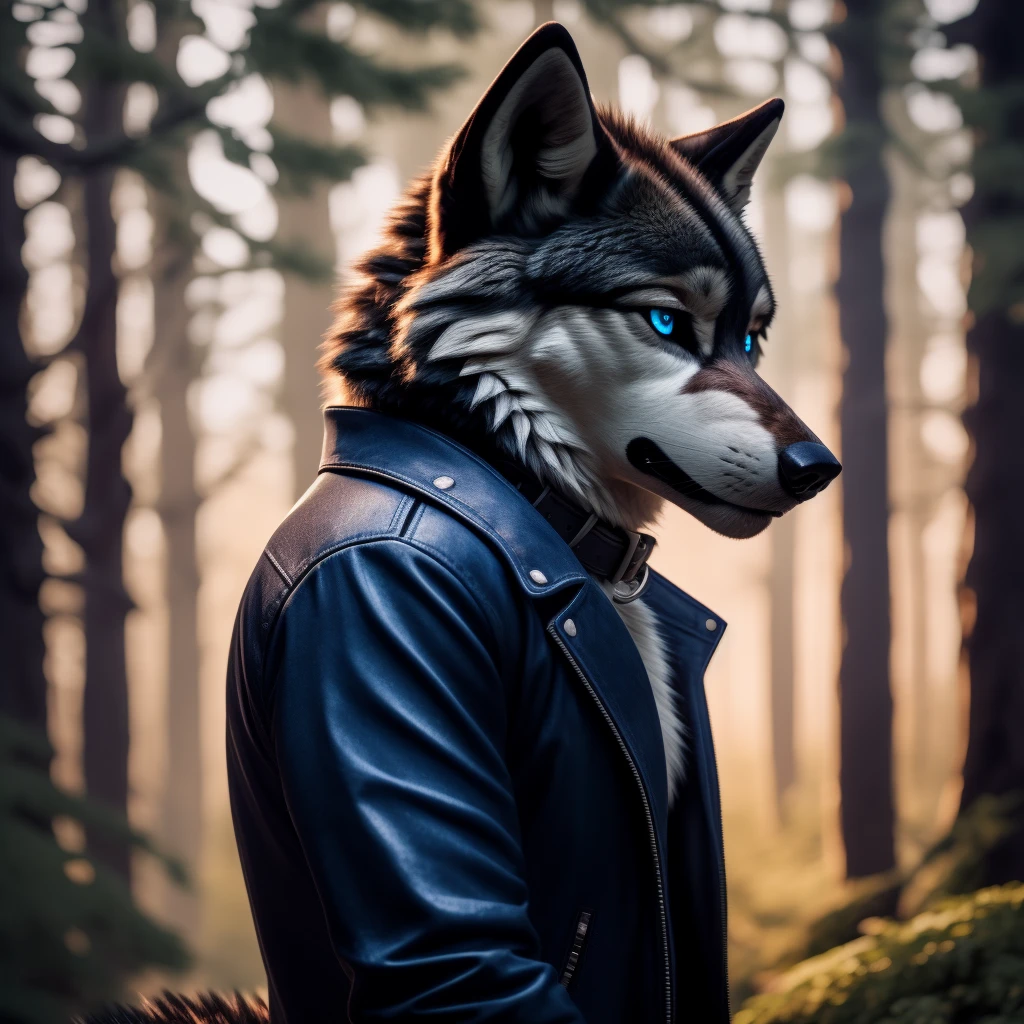 Male, 30 years old, cute, eyeliner, very sad expression, black leather jacket, anthro, wolf ears, (black fur:1.5), wolf, forest background, 8k, hi res, (best quality, masterpiece), (wolf tail:1.5), detailed fur, solo, leash and collar, blue jeans, blue eyes,
