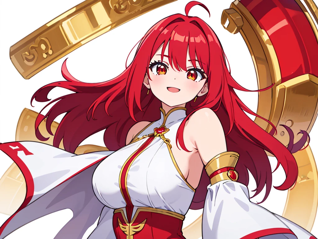 {{{masterpiece}}}, {{{best quality}}}, 1 girl, solo, ruby red hair, long hair, {{{eyes red and gold}}}, red and gold eyes, big breasts, {white background}, {no background}, she is wearing a white frente unica dress, she is looking very happy