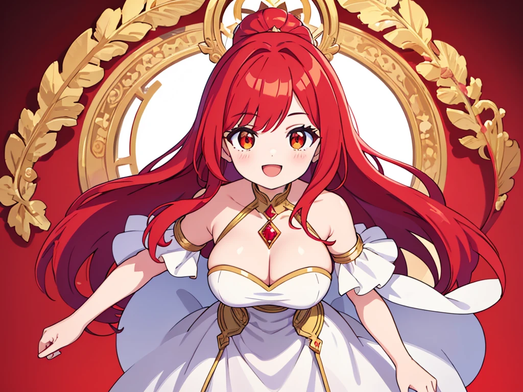 {{{masterpiece}}}, {{{best quality}}}, 1 girl, solo, ruby red hair, long hair, {{{eyes red and gold}}}, red and gold eyes, big breasts, {white background}, {no background}, she is wearing a white frente unica dress, she is looking very happy