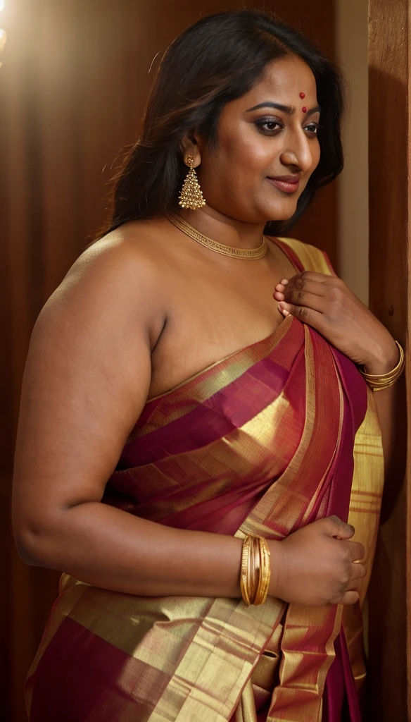 Foto RAW, photorealistic, photography, full body shot, 50 years old Woman, master shot, perfect eyes, goddess like beauty, pierced eyes, perfect thick chubby mallu Desi aunty bhabhi, Wearing a Stanapatta, a chest-band.Saree model, model Photography, Indian saree shoot, Indian traditional wear advertising photography, traditional wear brand shoot, face of Indian actress Sonakshi Sinha, masterpiece, realistic, realism, incredible details,  pleasure, photorealism, detailed skin, skin pores, high contrast, photorealistic Artstation 8k HD digital art trend of high definition and detailed realistic skin texture, ultra detail, realistic skin texture, armature, best quality, ultra high definition, (photorealistic:1.4),, high resolution, detail, raw photo, sweat, Re sharp, by Lee Jefferies Nikon D850 Film Stock Photo 4 Kodak Portra 400 Camera F1.6 Lens Rich Color Ultra Real Realistic Realistic Textures Dramatic Lighting Unreal Engine Trending at Art Station Cinestill 800,(pele altamente detalhada: 1.2), 8k UHD, DSLR, soft-lighting, alta qualidade, grain of film, Fujifilm XT3,she didn't like to wear blouse or bra, she is happy to wear only saree, she hates blouse or bra, detailed hairy armpits, hyper realistic skin, skin pores, sweat, veins, short hairs on armpit, stubble armpits, hyper realistic hairy armpits, low waist saree, 