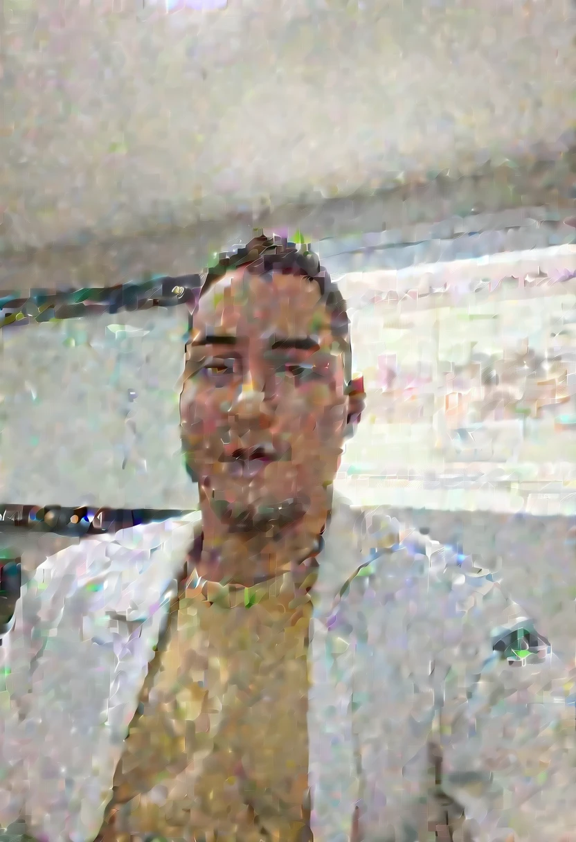 close-up Caricature of Seth MacFarlane starring in a film about The Scientist, surrounded by smoking flasks, making a groundbreaking discovery in a laboratory. extremely happy happy smile , (Pixel Art pixelizado pixel pixel :1.3)