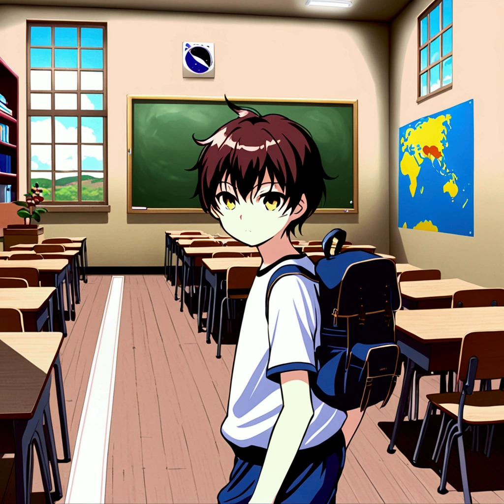 A boy stands in front of the picture tip classroom board.
