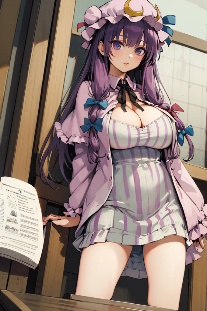 ((masterpiece,best quality)), absurdres, patchouli knowledge,solo,cowboy shot,huge breasts,thigh,cleavage,bare legs