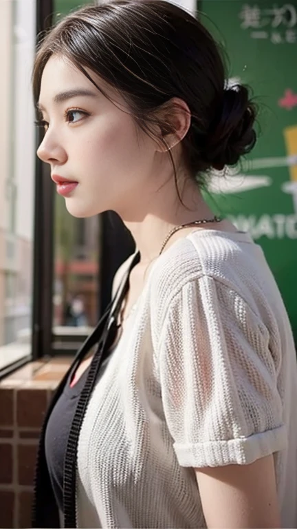 Voyeur、、sunlight、(8K, RAW Photos, 最high quality, masterpiece: 1.2), (Realistic, photoRealistic: 1.37), 1 A woman in a waitress uniform standing on the sidewalk, ,Age 25、 Professional Lighting, 10 head and body,Photon Mapping, , Brazilian women, Torn, 、, Incredibly beautiful face、Playmate proportions、Delivery staff、、,At a fast food restaurant，Carrying tableware、 masterpiece, 最high quality, high quality, High resolution, big , (Face close-up),working at a restaurant、Hair is tied、Updo、Please tie your hair tightly、Slicked back hair、The ultimate revealing outfit、Uncontrollable orgasm、Still not satisfied、I want a new orgasm、In search of pleasure、