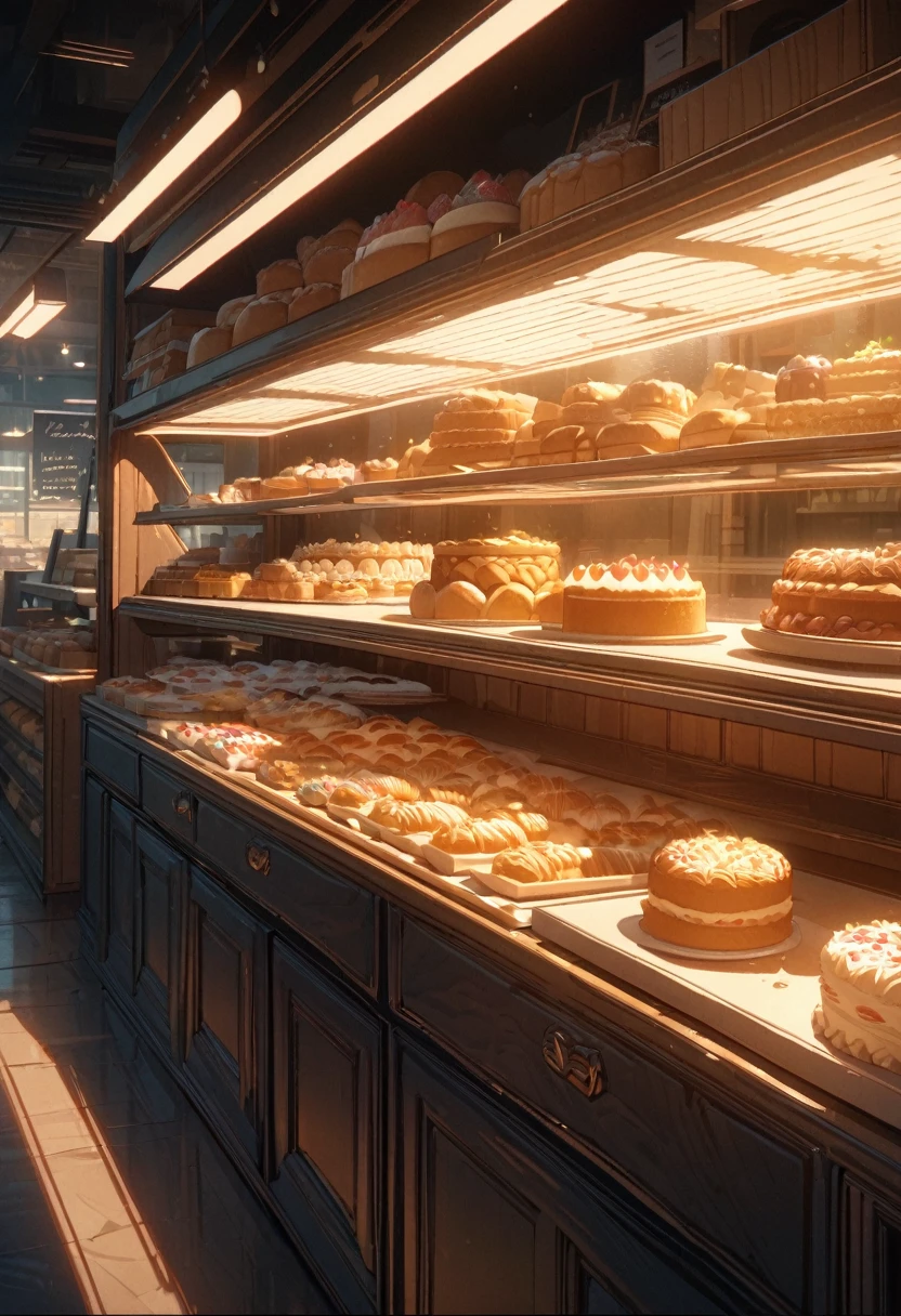 shop of cakes, bakery, no people, empty shop, great lighting, bloom, super detailed, super fine, highres, colorful, masterpiece, HD, 4K, 8K, masterpiece, clean lineart, clean anime outlines, best quality, high quality, high details, super detail, best quality, ultra-detailed, dynamic lighting,