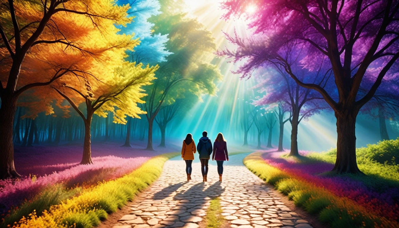 Diverse group of five people walking a bright path, The Mysterious Path, Super detailed, 8K resolution, High Contrast. Each person is vibrant, Colorful aura brightening from left to right. The aura is translucent and mixed. The path curves from bottom left to top right. big, Golden "180°" The symbol appears prominently in the top left corner. soft, Dreamy lighting. A realistic style with a touch of fantasy. Depth of Field Effect.