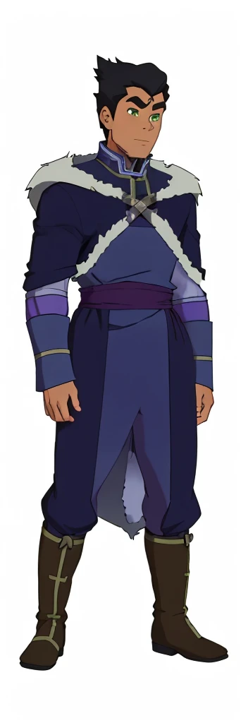 African-American, Bolin, water tribe traditional clothing mixed of blue and purple, with fur in shoulders and neck. Long sleeve, skinny, water tribe outfit. The character is wearing a blue, short-sleeved tunic with gold trim and fastenings down the front and fur collar, and fur on the shoulders. He has on dark purple pants tucked into knee-high boots. A green sash is tied around his waist. The overall style appears to be inspired by traditional East Asian clothing designs., fur on sleeves and shoulders, clothing mixed of water tribe purple and blue color and dark purple pants and skinny