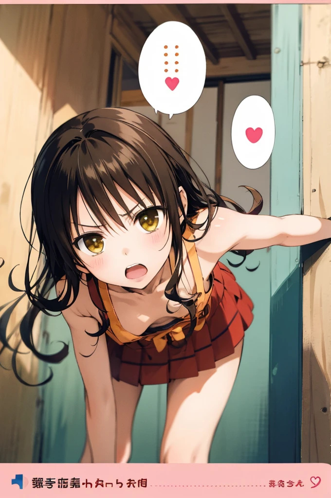 1girl,solo,yuuki mikan,, ,brown hair,, ,1girl,,,medium breasts,,open mouth,,cowboy shot,angry,(spoken heart),outdoor,,looking viewer,bare shoulder,miniskirt,leaning forward