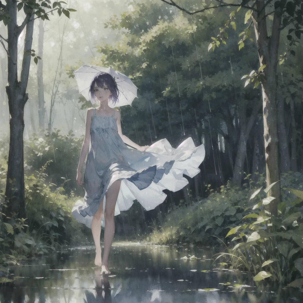 a slender girl with a very beautiful exquisite face barefoot in a very short light summer sundress in the rain in the summer forest, purple thunderstorm, in watercolor style