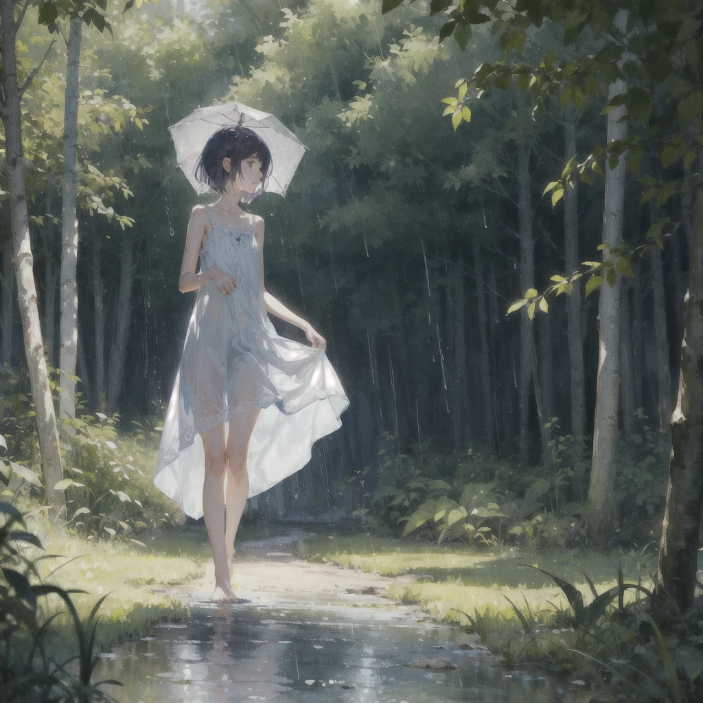 a slender girl with a very beautiful exquisite face barefoot in a very short light summer sundress in the rain in the summer forest, purple thunderstorm, in watercolor style