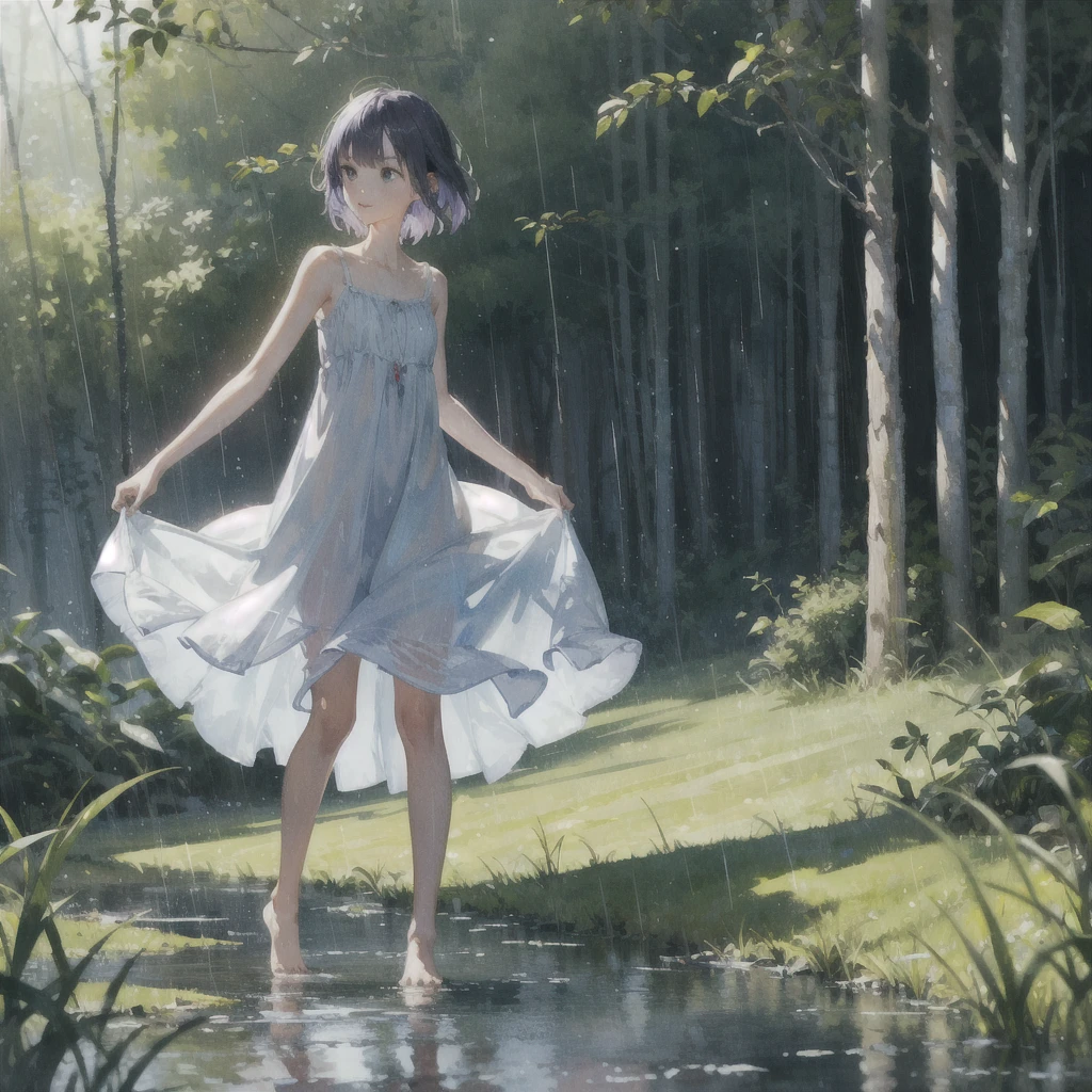 a slender girl with a very beautiful exquisite face barefoot in a very short light summer sundress in the rain in the summer forest, purple thunderstorm, in watercolor style