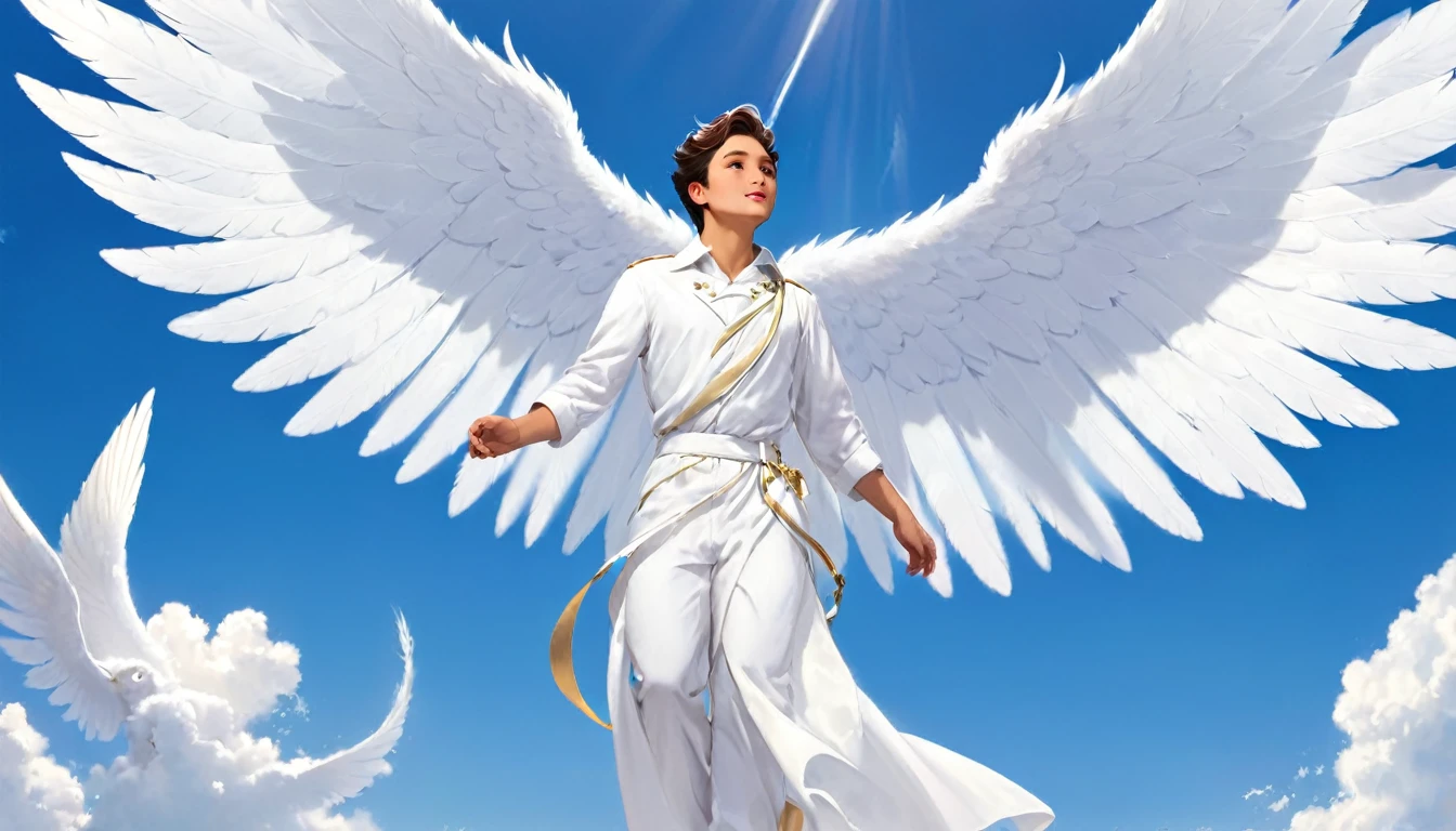 Man dressed in white and with wings over the sky 
