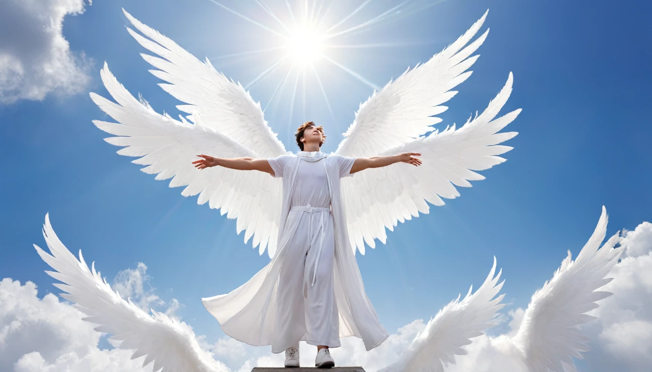 Man dressed in white and with wings over the sky