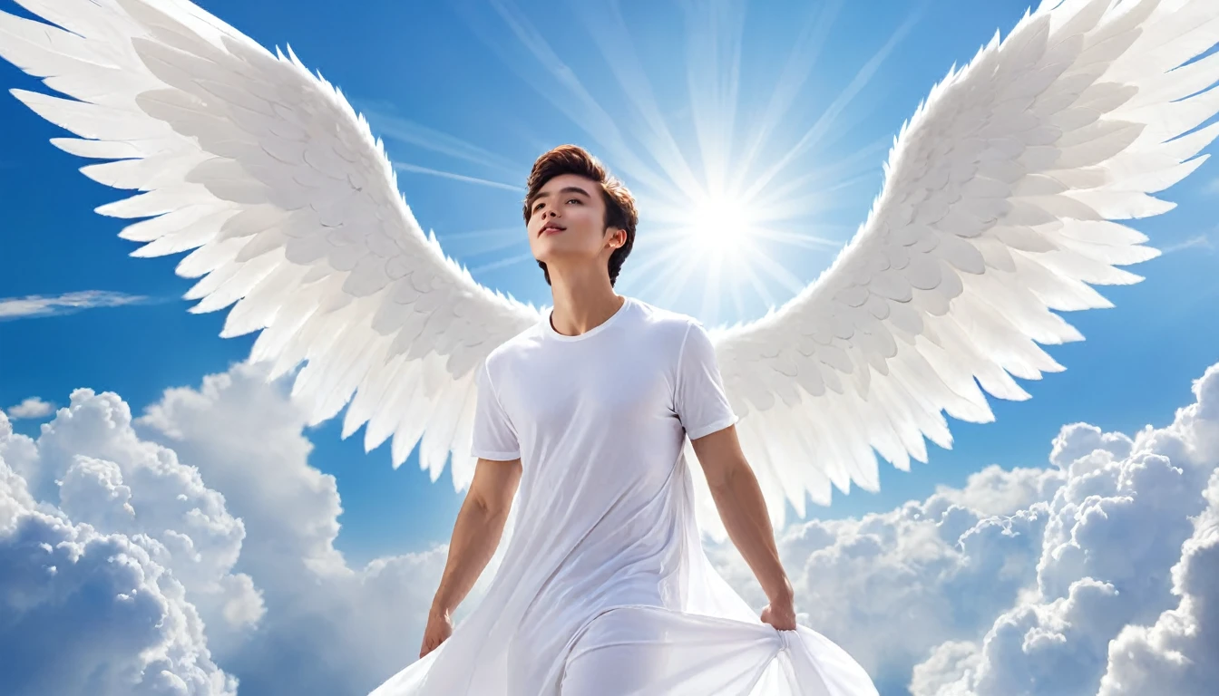 Man dressed in white and with wings over the sky