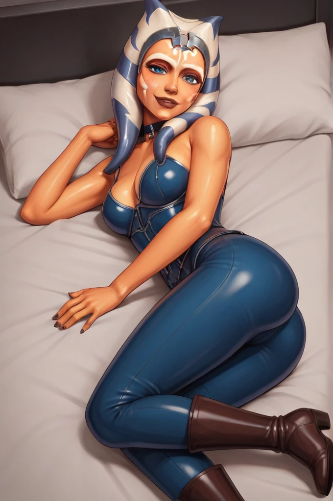 score_9, score_8_up, score_7_up, score_6_up, score_5_up, score_4_up, AhsokaTanoXL wearing latex lingerie, blue eyes, tentacle hair, orange skin, colored skin, facial mark, medium breasts, blue dress, skirt, blue pants, bare shoulders, guantlets, hip armor, skirt,blue pants, brown boots, solo, lying on bed in her lingerie, nude ,seductive smile, looking at viewer, indoors