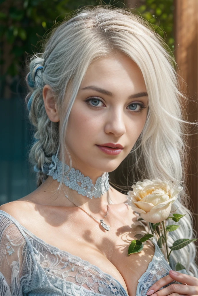 Photorealism, a realistic photograph, close up, wide angle, seen from below, a beautiful European girl (exposed her breast and shoulders:1.3), she has a slim body with firm, droopy breasts, fair and smooth skin, slender posture, perfect abs, grayish blue eyes, detailed face, has white hair and braids, she is sitting cross-legged and (grabbed her breast up:1.4), at cybercity street during heavy rain, she looks sexy and her body and hair are et, daylight atmosphere, photon mapping, natural lighting, calm tones,