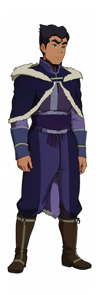 African-American, Bolin, water tribe traditional clothing mixed of blue and purple, with fur in shoulders and neck. Long sleeve, skinny, water tribe outfit. The character is wearing a blue, short-sleeved tunic with gold trim and fastenings down the front and fur collar, and fur on the shoulders. He has on dark purple pants tucked into knee-high boots. A green sash is tied around his waist. The overall style appears to be inspired by traditional East Asian clothing designs., fur on sleeves and shoulders, clothing mixed of water tribe purple and blue color and dark purple pants and skinny 