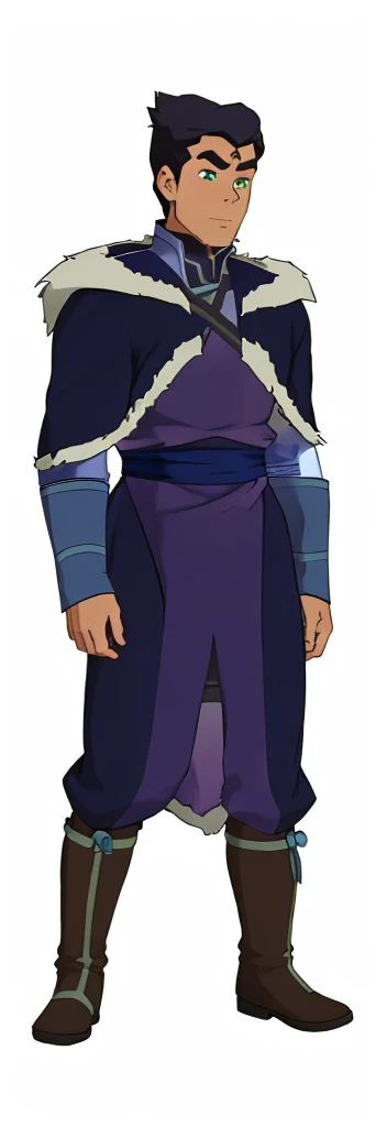 African-American, Bolin, water tribe traditional clothing mixed of blue and purple, with fur in shoulders and neck. Long sleeve, skinny, water tribe outfit. The character is wearing a blue, short-sleeved tunic with gold trim and fastenings down the front and fur collar, and fur on the shoulders. He has on dark purple pants tucked into knee-high boots. A green sash is tied around his waist. The overall style appears to be inspired by traditional East Asian clothing designs., fur on sleeves and shoulders, clothing mixed of water tribe purple and blue color and dark purple pants and skinny