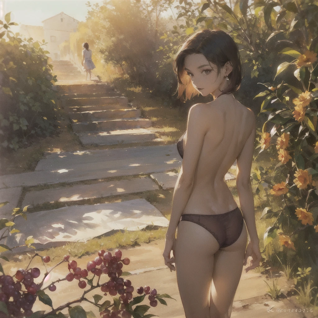 Exquisite, slender, delicate girl of with a perfect gentle face of the southern type (with short dark burgundy hair) with freckles (with ruby earring) in the rays of the rising sun, naked with tender bare breasts with pink swollen nipples ((barefoot)) ((in an unbuttoned open burgundy shirt over a naked body and in small burgundy panties)) (on the veranda in the garden) Drinks ((coffee)) and looks at the flowers, in watercolor style, discreet light shades, Flares, (imitation of film photography), against the sun, a lot of sun glare, light fills the frame, olive and grape groves, strong wind, Brick Road, high image quality, Maximum detail, sunset lighting, Warm evening shades, (warm golden and olive sunset light), big space eyes, olive and grape groves, Brick Road, ((чашки с coffee и coffeeйники у домика)), (brick house)