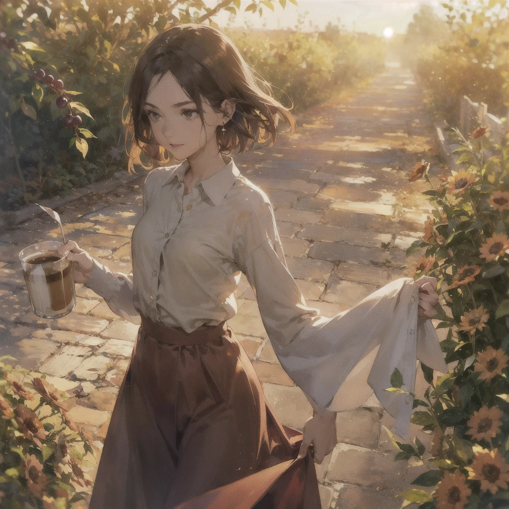 Exquisite, slender, delicate girl of 16 years old with a perfect gentle face of the southern type (with short dark burgundy hair) with freckles (with ruby earring) in the rays of the rising sun, naked with tender bare breasts with pink swollen nipples ((barefoot)) ((in an unbuttoned open burgundy shirt over a naked body and in small burgundy panties)) (on the veranda in the garden) Drinks ((coffee)) and looks at the flowers, in watercolor style, discreet light shades, Flares, (imitation of film photography), against the sun, a lot of sun glare, light fills the frame, olive and grape groves, strong wind, Brick Road, high image quality, Maximum detail, sunset lighting, Warm evening shades, (warm golden and olive sunset light), big space eyes, olive and grape groves, Brick Road, ((чашки с coffee и coffeeйники у домика)), (brick house)