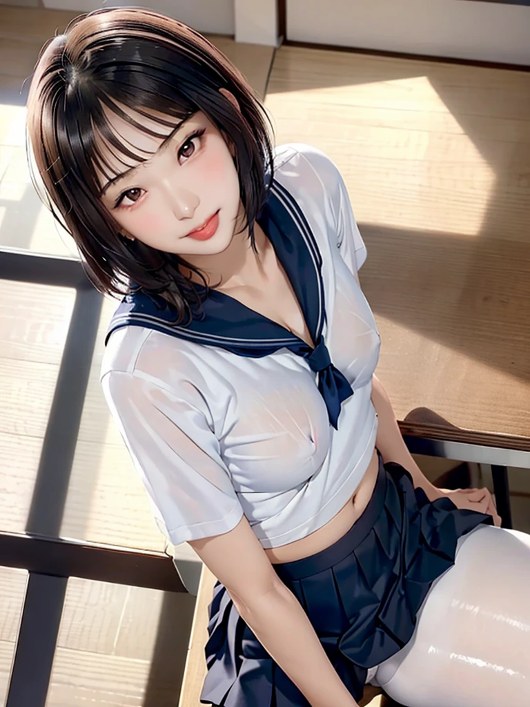 masterpiece, best quality, high quality, perfect anatomy, ultra detailed, perfect design,
BREAK,
high school girl, beautiful detailed face, (realistic skin), (shiny glossy skin),
BREAK,
brown eyes, realistic eyes, ultra detailed eyes, beautiful high light eyes, ((wide set eyes)), (slant eyes), double eyelids,
BREAK,
black hair, (short hair), messy hair, (((center parted bangs))), thin hair, shiny glossy hair,
BREAK,
(seductive smile), open mouth, (tongue out), feeling weak, blush, natural lips,
BREAK,
white solid bra, panties, ((school uniform, short sleeve shirts, navy skirt)), (cleavage), (curvy), (small breasts), (erection of nipples), (wedgie), ((black pantyhose)), (cameltoe),
BREAK,
(sitting on the desk), (((spread legs))), (leg up), (from above), ((looking viewer)), (((focus face))),
BREAK,
classroom room, top light, warm light