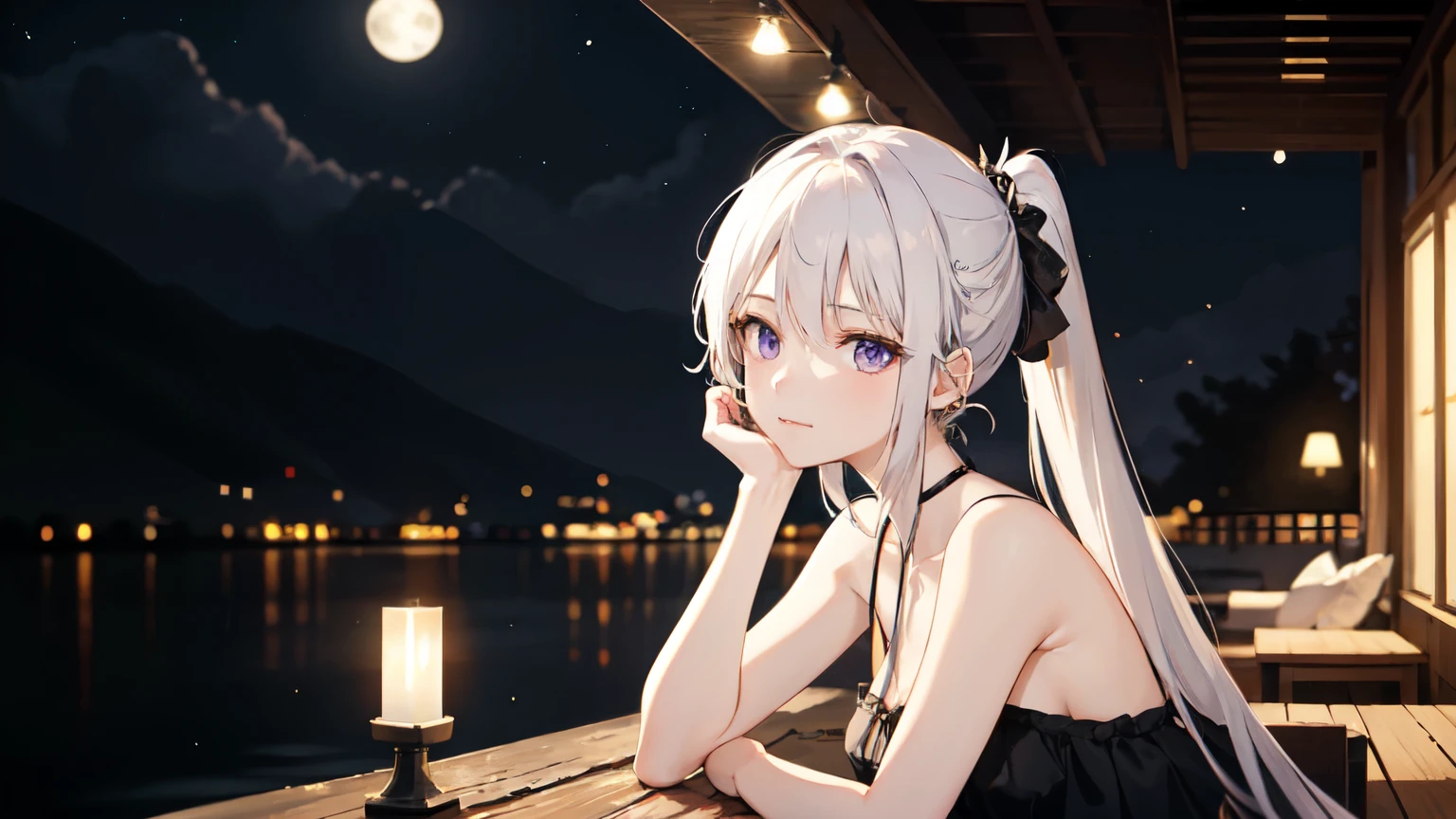 On the terrace gently lit by moonlight、There is a girl relaxing after a long day.。Her white hair is tied up in a ponytail、Her beautiful purple eyes stare silently into the night sky.。The soft moonlight reflects off her hair、It shines like silk。With translucent skin、From the elegant appearance、It exudes a mysterious beauty, like something from a dream.。Around her、The silence of the night and the cool breeze flowing comfortably、It gently relieves the fatigue of the day.