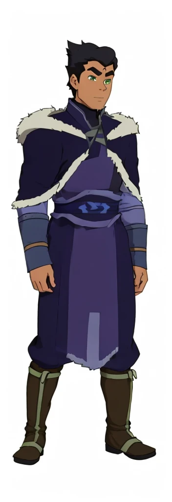 African-American, Bolin, water tribe traditional clothing mixed of blue and purple, with fur in shoulders and neck. Long sleeve, skinny, water tribe outfit. The character is wearing a blue, short-sleeved tunic with gold trim and fastenings down the front and fur collar, and fur on the shoulders. He has on dark purple pants tucked into knee-high boots. A green sash is tied around his waist. The overall style appears to be inspired by traditional East Asian clothing designs., fur on sleeves and shoulders, clothing mixed of water tribe purple and blue color and dark purple pants and skinny