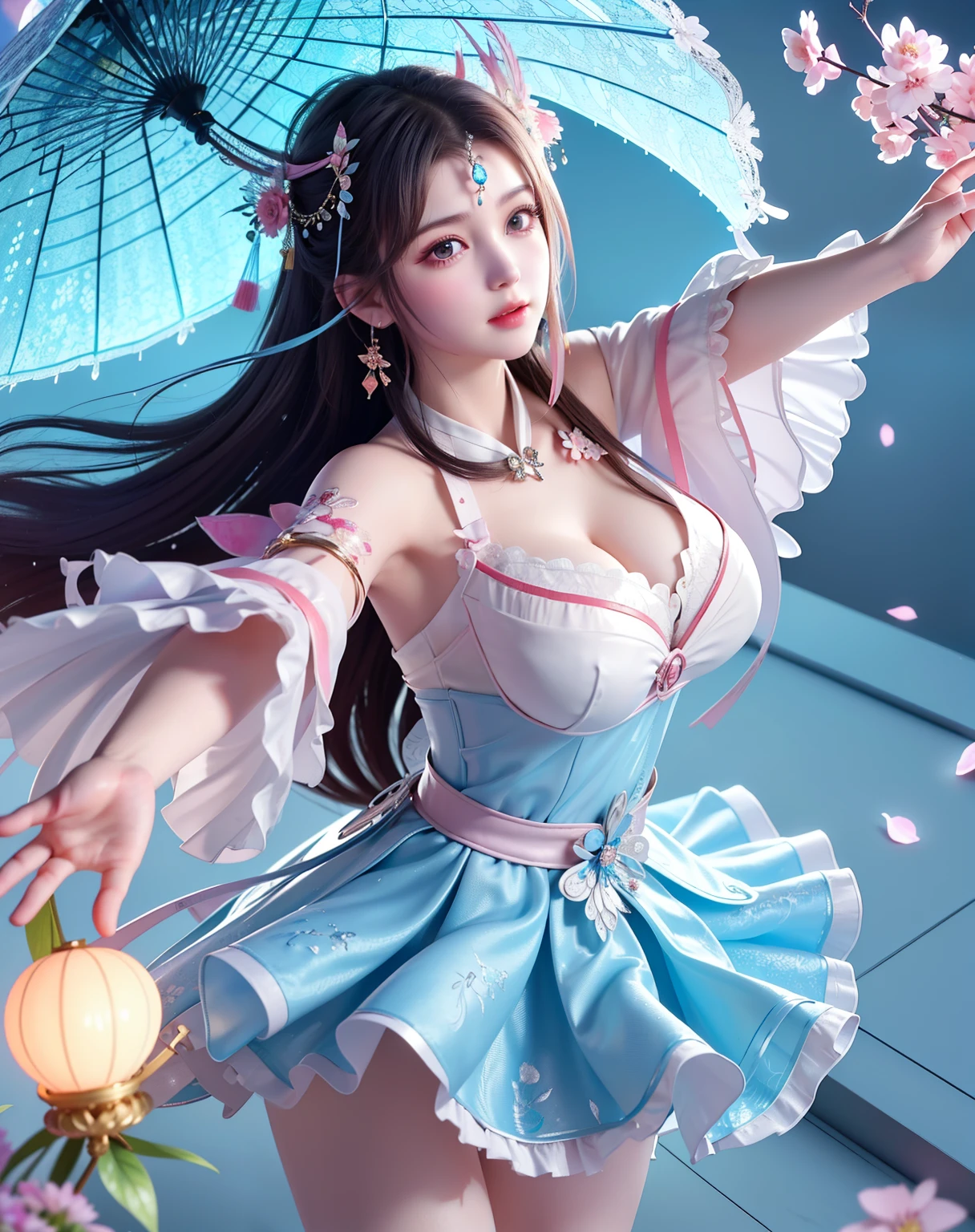 (8k, RAW photo:1.2), best quality, ultra high res,dramatic angle,(fluttered detailed color splashs), (illustration),(((1 girl))),(long hair),(rain:0.9), (Headdress:1.4),There is an ancient palace beside the girl,Hanfu,(Key Points),Color ink painting,(Splash of Color),Splash of Color,(((colorful))),(sketch:0.8) , Masterpiece, best quality, beautiful painted, highly detailed,(denoising:0.6),[splash ink],((ink refraction)), (beautiful detailed sky),moon,highly,detaild,(masterpiece, best quality, extremely detailed） CG Unity 8k Wallpaper，masterpiece，best quality，Ultra Detailed），（Lycoris）.shoulder ballet dress open V-chested clothes Thin silk lace dress short skirt , (huge ，cleavage),, white pink, blue ，best qualtiy，tmasterpiece，Ultra-high resolution，（Reality：1.4），RAW photogr，（True skin texture：1.3），（filmgrain：1.3），（Selfie angle），1个Giant Breast Girl，Beautiful eye and face details，tmasterpiece，Best quality at best，，The chest more exposed， detailed hair, bra pink , detail 8k, full body, lace petticoat, lying on bed