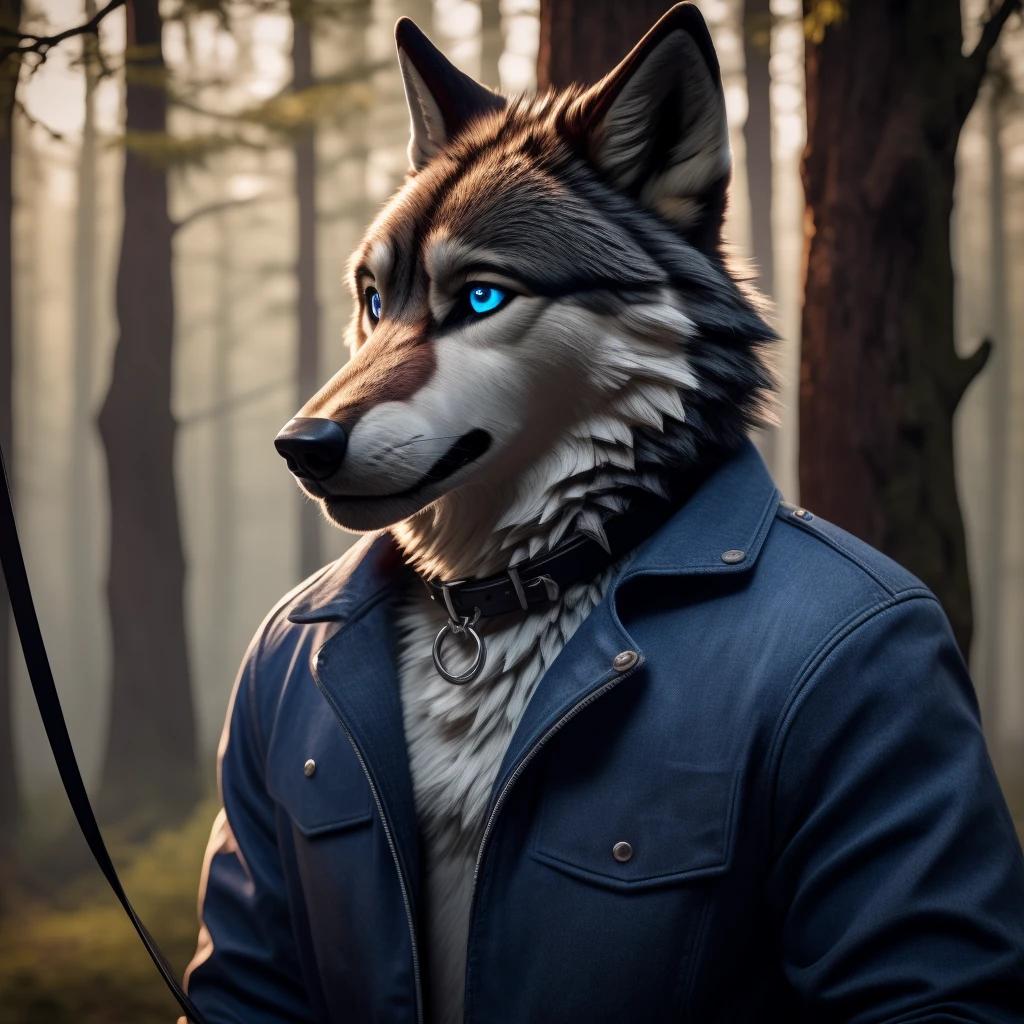 Male, 30 years old, cute, eyeliner, very sad expression, black leather jacket, anthro, wolf ears, (black fur:1.5), wolf, forest background, 8k, hi res, (best quality, masterpiece), (wolf tail:1.5), detailed fur, solo, leash and collar, blue jeans, blue eyes,