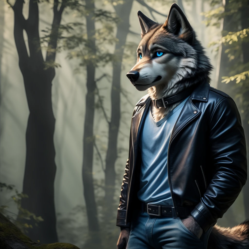 Male, 30 years old, cute, eyeliner, very sad expression, black leather jacket, anthro, wolf ears, (black fur:1.5), wolf, forest background, 8k, hi res, (best quality, masterpiece), (wolf tail:1.5), detailed fur, solo, leash and collar, blue jeans, blue eyes,