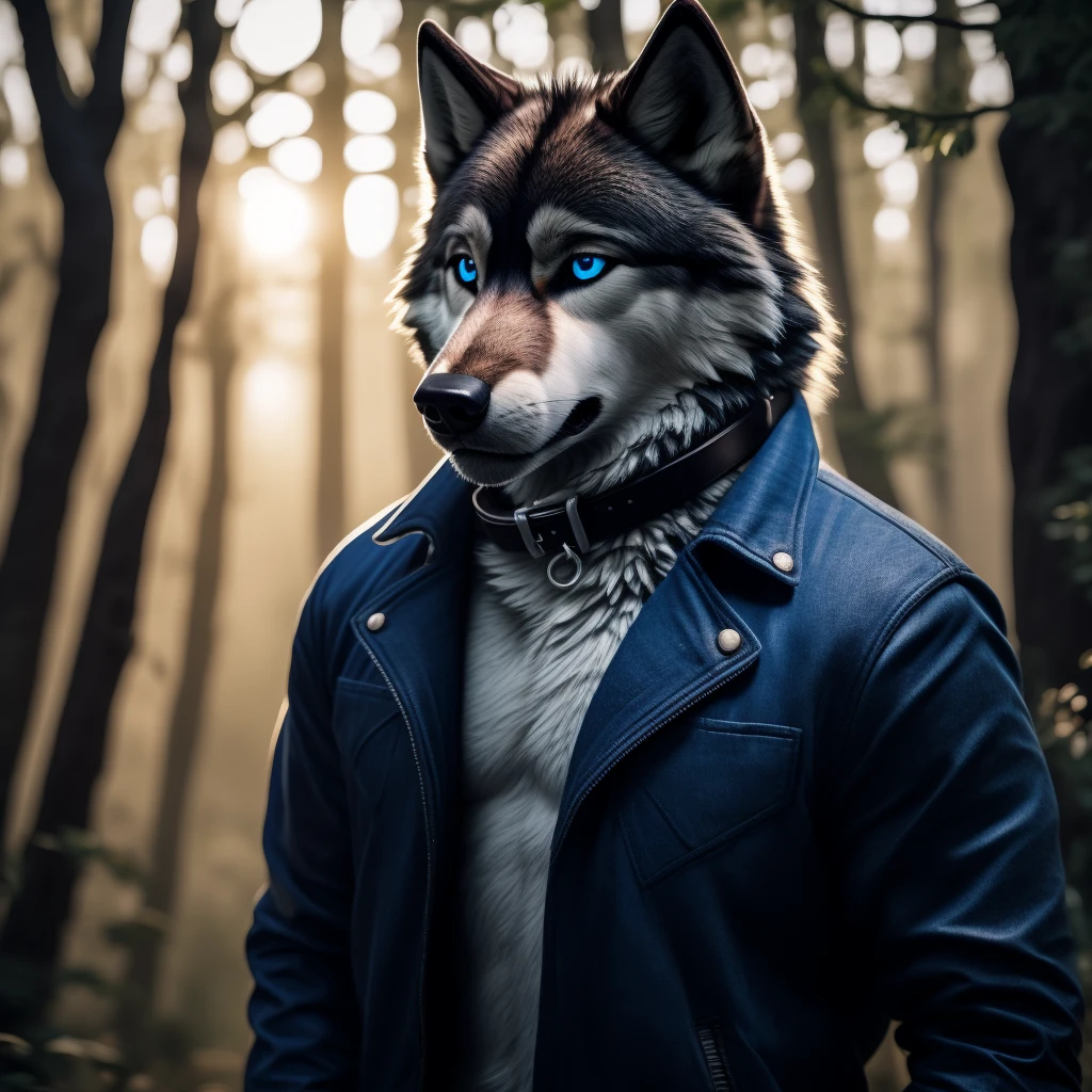 Male, 30 years old, cute, eyeliner, very sad expression, black leather jacket, anthro, wolf ears, (black fur:1.5), wolf, forest background, 8k, hi res, (best quality, masterpiece), (wolf tail:1.5), detailed fur, solo, leash and collar, blue jeans, blue eyes,