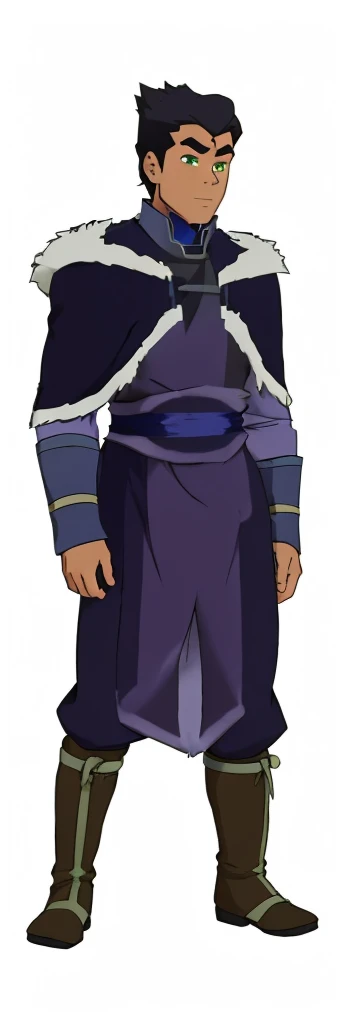African-American, Bolin, water tribe traditional clothing mixed of blue and purple, with fur in shoulders and neck. Long sleeve, skinny, water tribe outfit. The character is wearing a blue, short-sleeved tunic with gold trim and fastenings down the front and fur collar, and fur on the shoulders. He has on dark purple pants tucked into knee-high boots. A green sash is tied around his waist. The overall style appears to be inspired by traditional East Asian clothing designs., fur on sleeves and shoulders, clothing mixed of water tribe purple and blue color and dark purple pants and skinny 